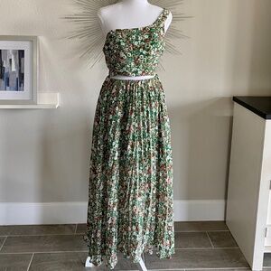 SHEIN Floral Print One Shoulder Top & Pleated Skirt Sz M